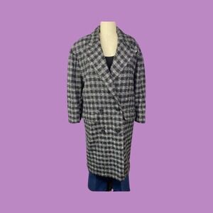 Vintage Houndstooth Double Breasted Wool Blend Trench Coat, Size 9/10